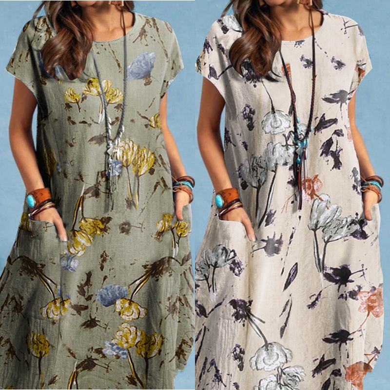 Đầm midi Zanzea tay ngắn cổ tròn in họa tiết hoa thời trang cho nữ
