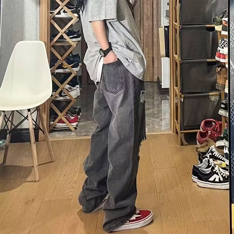Quần jean nam hiphop thoi trang quần jean rách gối unisex quần jean ống rộng nữ simple nam quần phong cách Hàn Quốc quân jean nữ