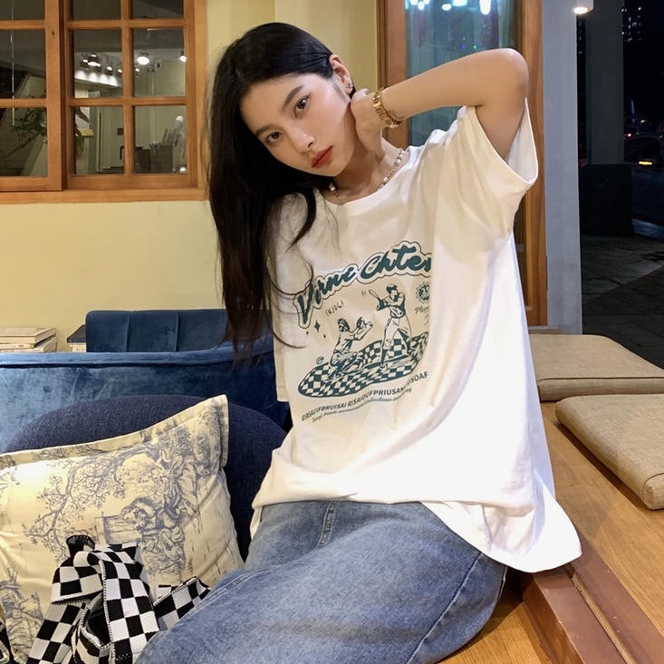 Áo Thun Tay Ngắn Cổ Tròn In Chữ Dáng Rộng 50089