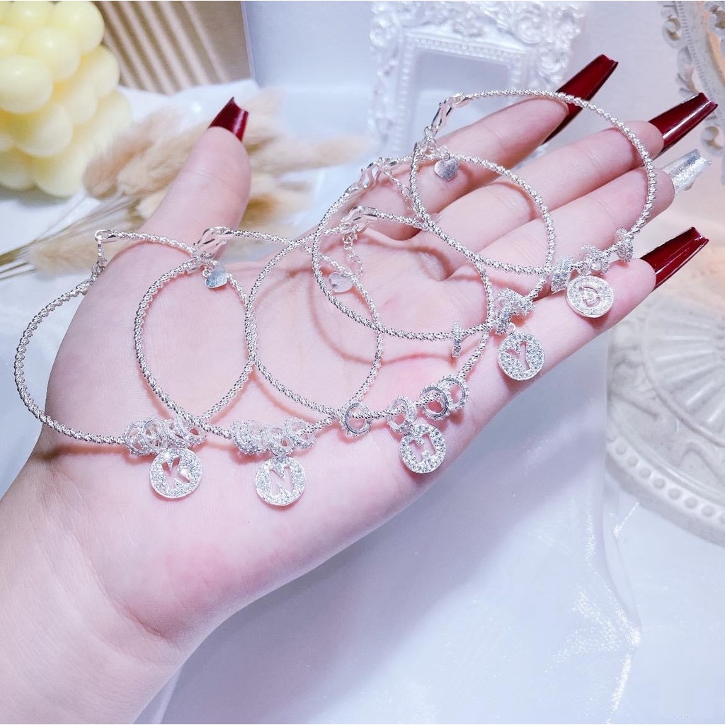 Lắc tay bạc nữ mặt chữ cái thời trang cá tính, vòng tay chất liệu bạc ý cao cấp