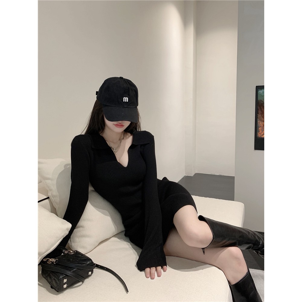 Váy len dệt kim dài tay thiết kế bó sát thời trang nữ phong cách gợi cảm tối giản hàng Quảng Châu 2021