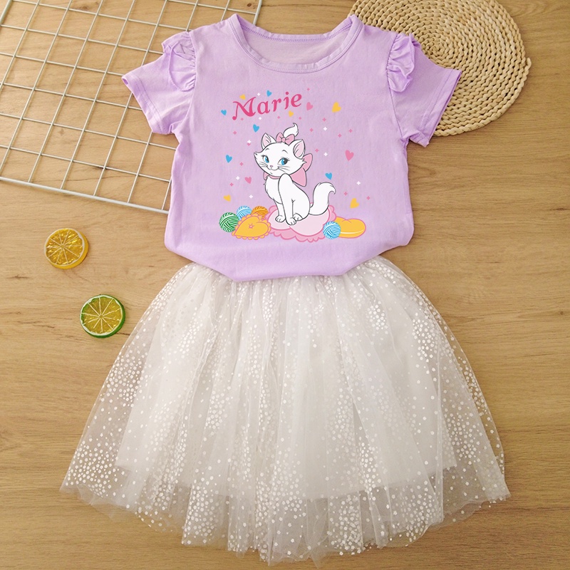 Bộ 2 Món Áo Thun Tay Cánh Hoa Mềm Mại + Chân Váy Chữ A Phối Lưới Thời Trang Cho Bé Gái