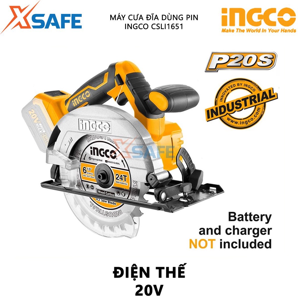 Máy cưa gỗ cầm tay dùng pin 20V INGCO CSLI1651 Máy cưa đĩa đường kính 165mm, tốc độ 3800rpm, khả năng cắt tối đa 55mm