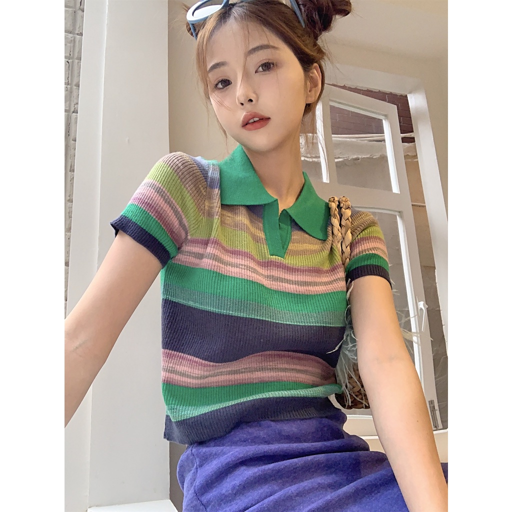 Porozi  Áo polo  ngắn tay họa tiết kẻ sọc thời trang Hàn Quốc cho nữ