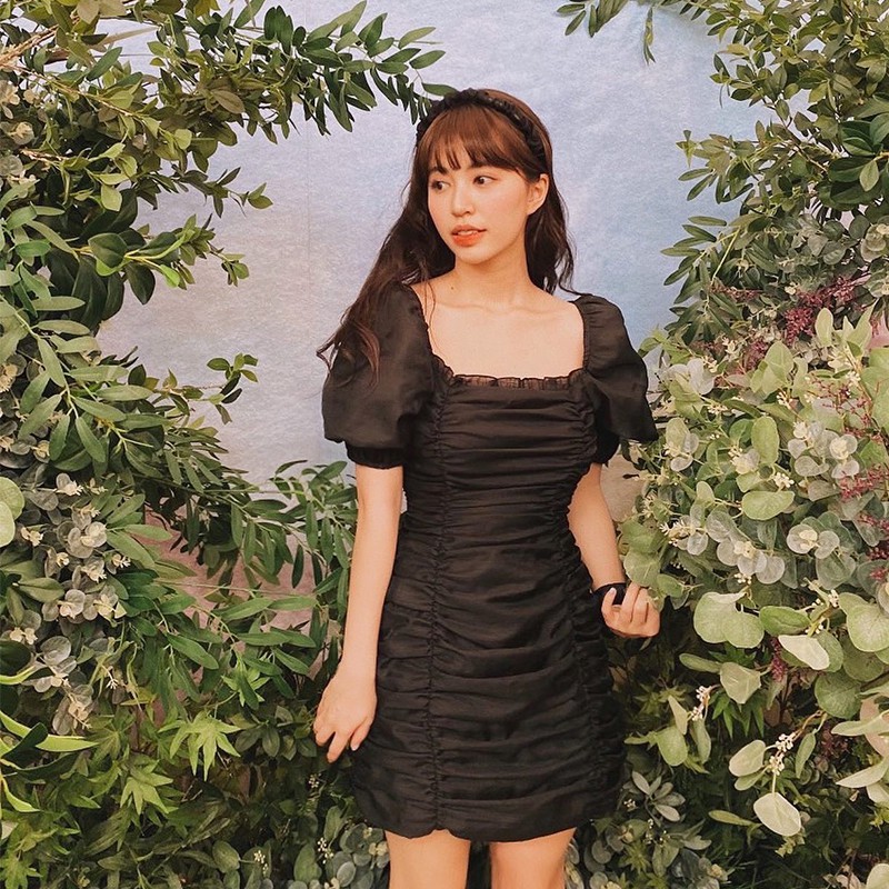 Váy nhún 2 kiểu cổ vuông trễ vai organza hack eo đen tingoan ARIANA DRESS /BL