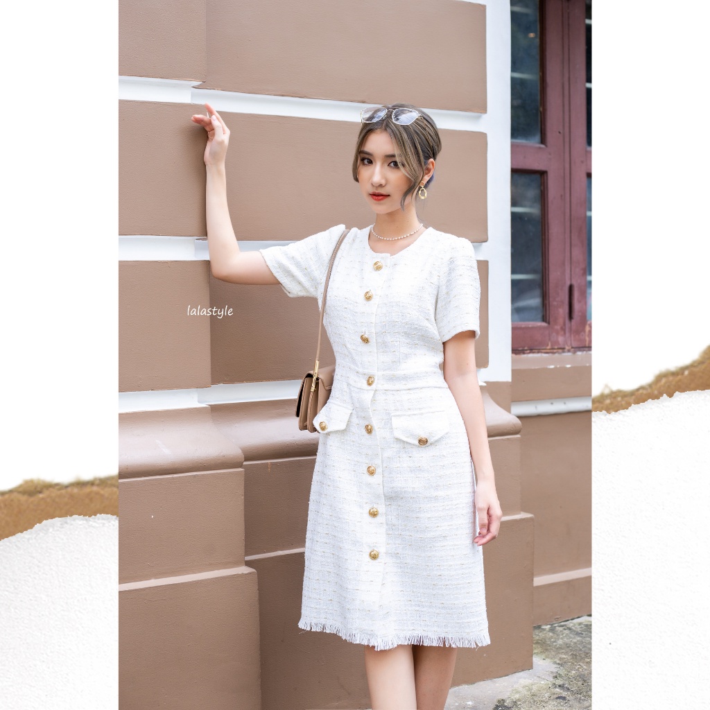 Đầm dạ tweed trắng cộc tay Lalastyle
