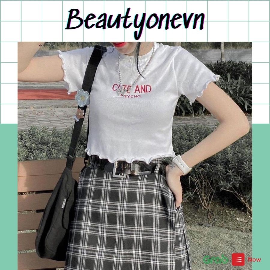 [Mã FAMAYWA giảm 10K đơn 50K] Áo croptop nữ tay ngắn, croptop rua gấu thêu chữ Cute And Psycho.