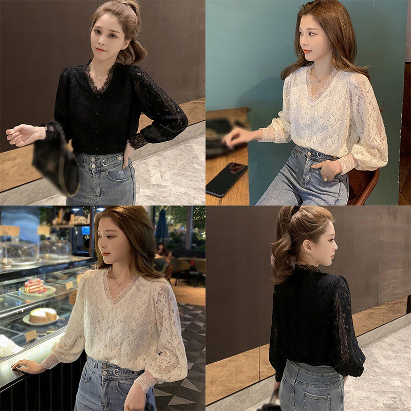 Áo Kiểu Tay Dài Cổ Chữ V Phối Ren Quyến Rũ Thời Trang Cho Nữ