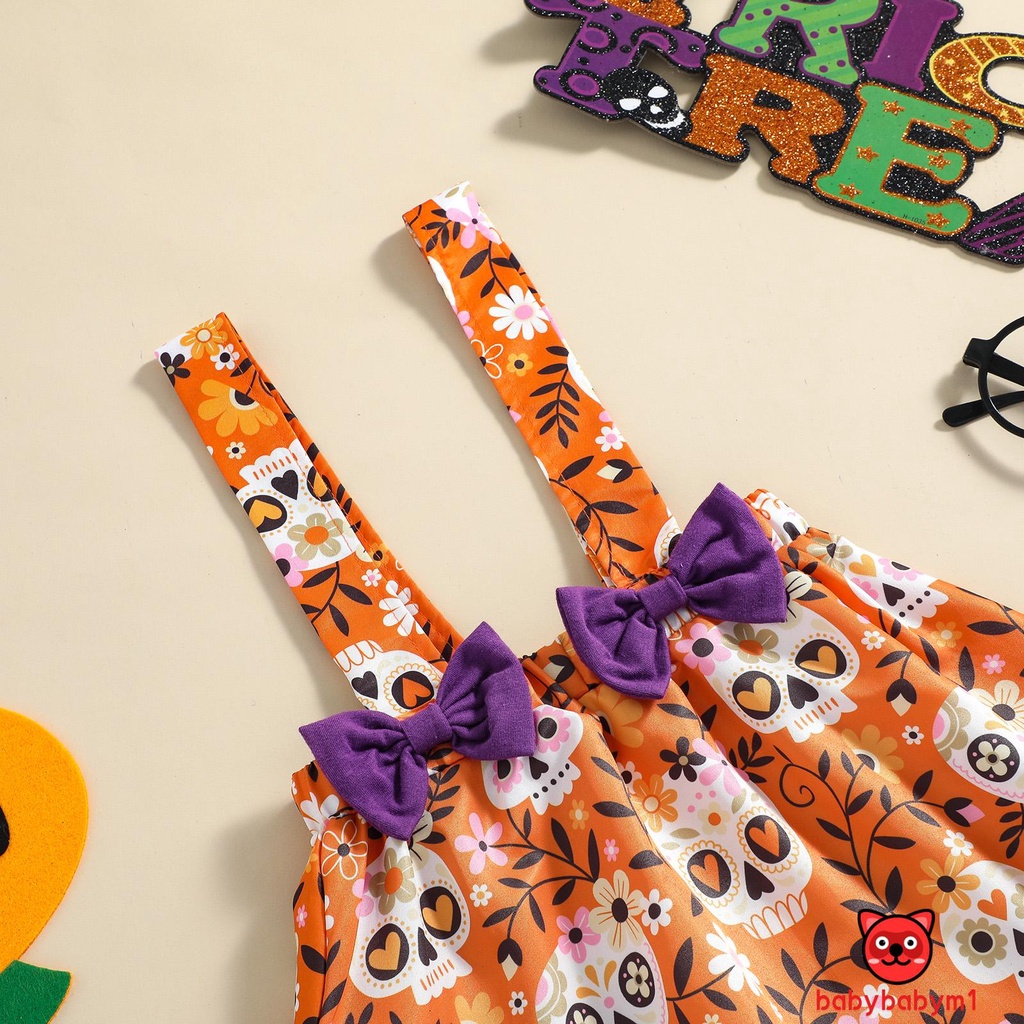 Bộ 3 Món Áo + Chân Váy + Băng Đô In Họa Tiết Hoa / Đầu Lâu Halloween Cho Bé Gái