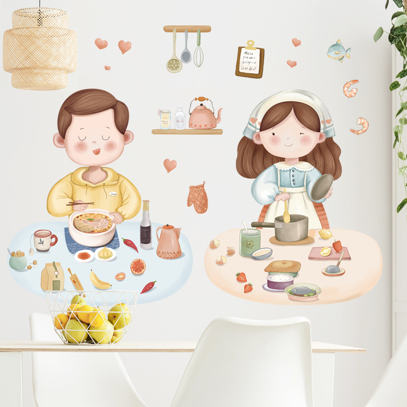 【Zooyoo】Cute couple wall sticker warm kitchen decoration stickers Restaurant milk tea shop decoration wall paste