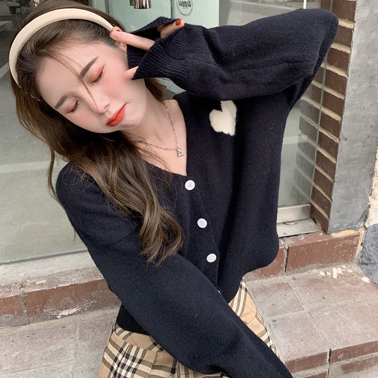 Áo Khoác Cardigan Len Dệt Kim Mỏng Tay Dài Cổ Chữ V Thêu Hình Trái Tim Màu Sắc Tương Phản Phong Cách Hàn Quốc