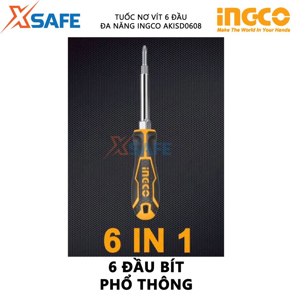 Tuốc nơ vít 6 đầu INGCO AKISD0608 - Size SL5, SL6, PH1, PH2, 6mm, 8mm [CHÍNH HÃNG][XSAFE]
