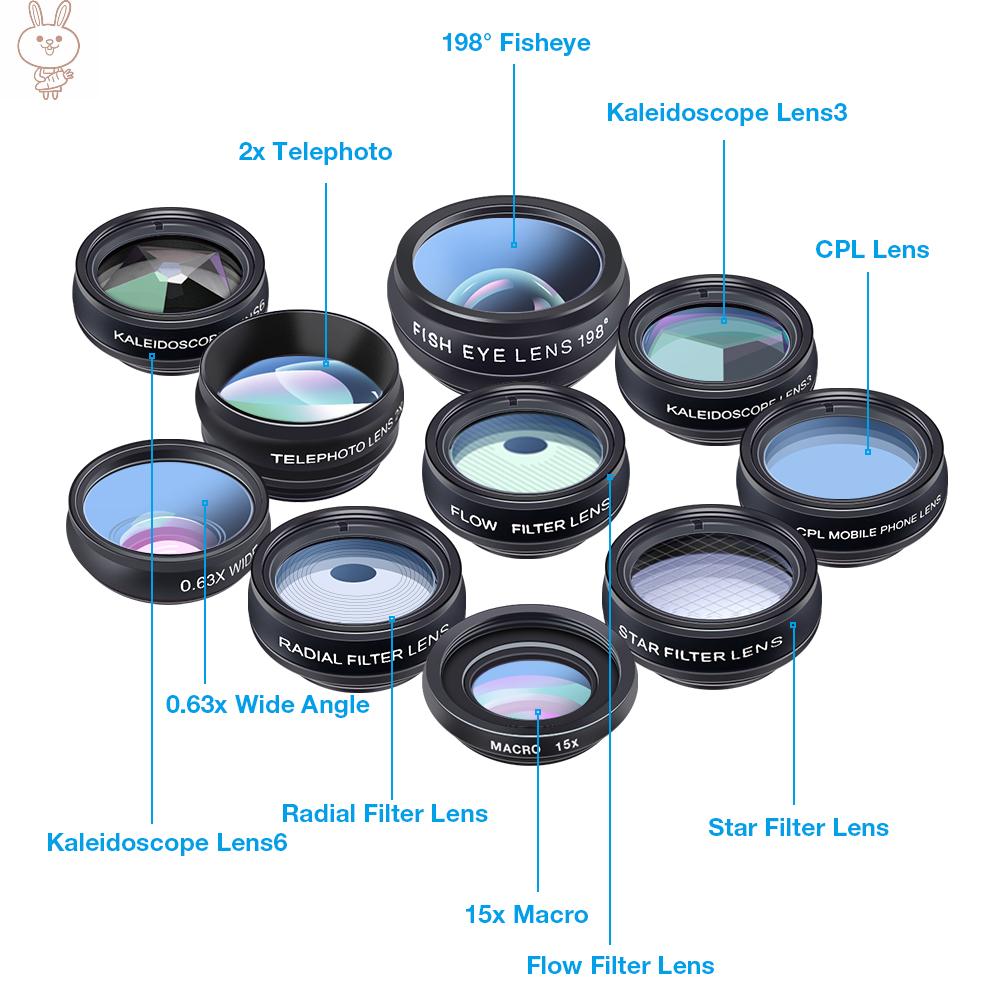 Only♥APEXEL 10 in 1 Phone Camera Lens Kit with 0.63X Wide Angle + 15X Macro + 198°Fisheye + 2X Telephoto + CPL + Star Filter + Radial Filter + Flow Filter + Kaleidoscope 3 + Kaleidoscope 6 Compatible with Android 