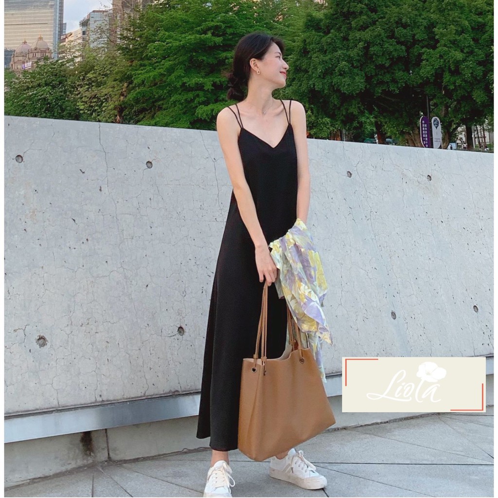 Đầm Suông Maxi Ulzzang Tơ Lụa Thiết Kế Retro Hiện Đại _ Váy 2 Dây Suông Màu Đen Tơ Lụa Dáng Dài Liola Có Bigsize