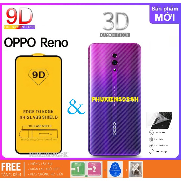 OPPO RENO RENO 6.4_Kính Cường Lực 9D Full Màn Hình Thế hệ mới + Miếng dán vân carbon mặt sau + bộ phụ kiện dán