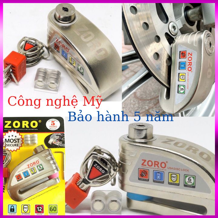 Khóa đĩa xe máy báo động ZORO ⚡FREE SHIP⚡Công nghệ Mỹ: chống cưa-chống cắt-chống đục-chống cháy-chống nước-chống rỉ sét