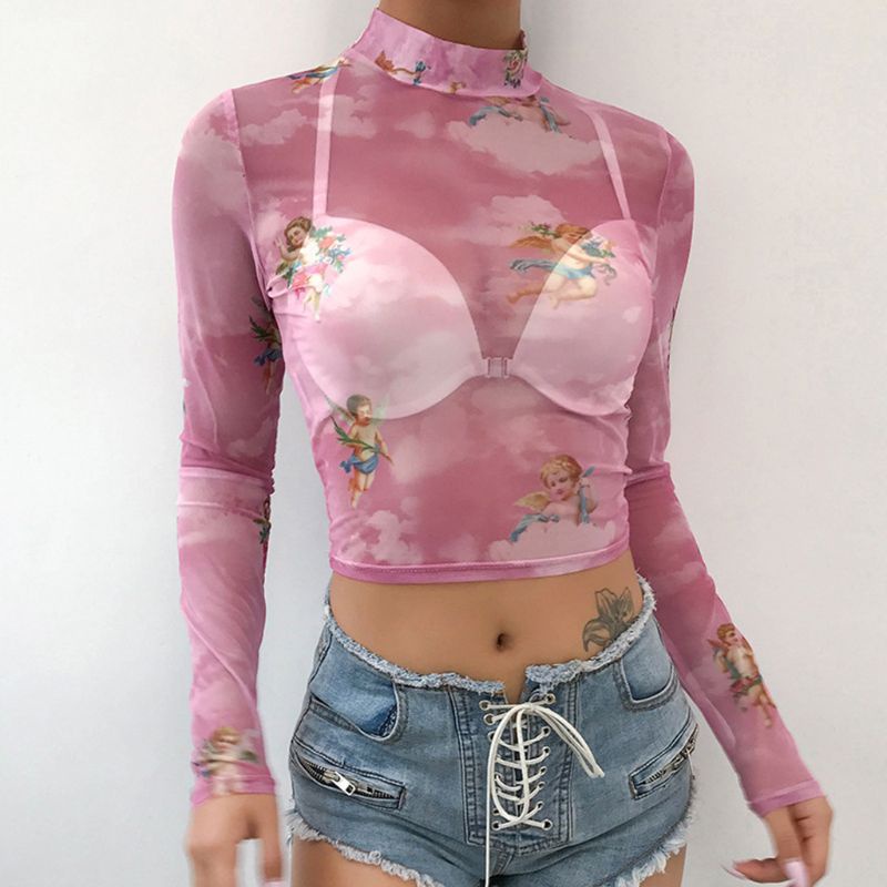 Áo Thun Crop Top Tay Dài Cổ Cao Xuyên Thấu 10MK In Hình Thiên Thần Tình Yêu Màu Sắc Ngọt Ngào Lãng Mạn Cho Nữ Gif