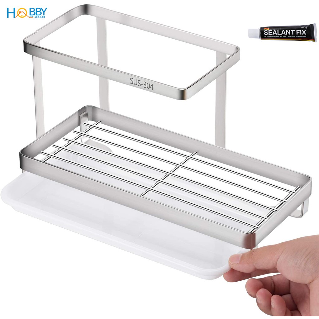 Kệ rổ đựng miếng rửa chén, chai nước rửa chén dán tường HOBBY Home Decor KRC2 Inox 304 - kèm keo dán và khay hứng nước