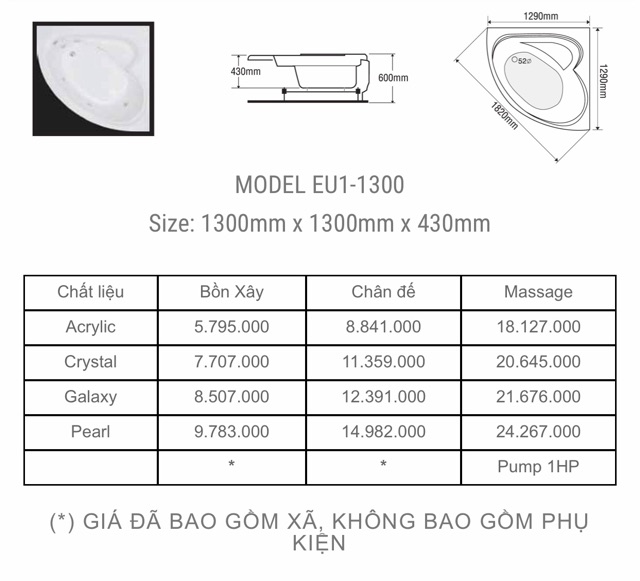 BỒN TẮM GÓC EUROCA  - MODEL EU1 - 1300 - BẢO HÀNH 3 NĂM