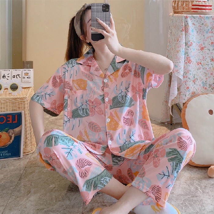 Bộ Đồ Ngủ Tay Ngắn Vải Cotton In Họa Tiết Thời Trang Xinh Xắn Cho Nữ