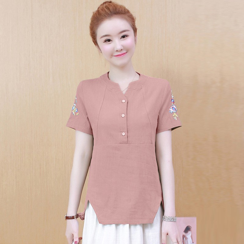 Áo Thun Cotton Lanh Tay Ngắn Cổ Chữ V Dáng Rộng Thêu Họa Tiết Thổ Cẩm Màu Xanh Lá Thời Trang Mùa Hè Mới 2019 Cho Nữ