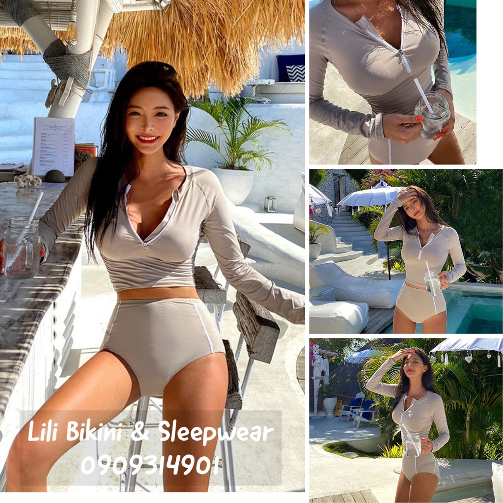 Bikini 2 mảnh xám trắng, bộ bơi tay dài chống nắng, quần cạp cao giấu bụng nâng mông, kéo khóa ngực sexy