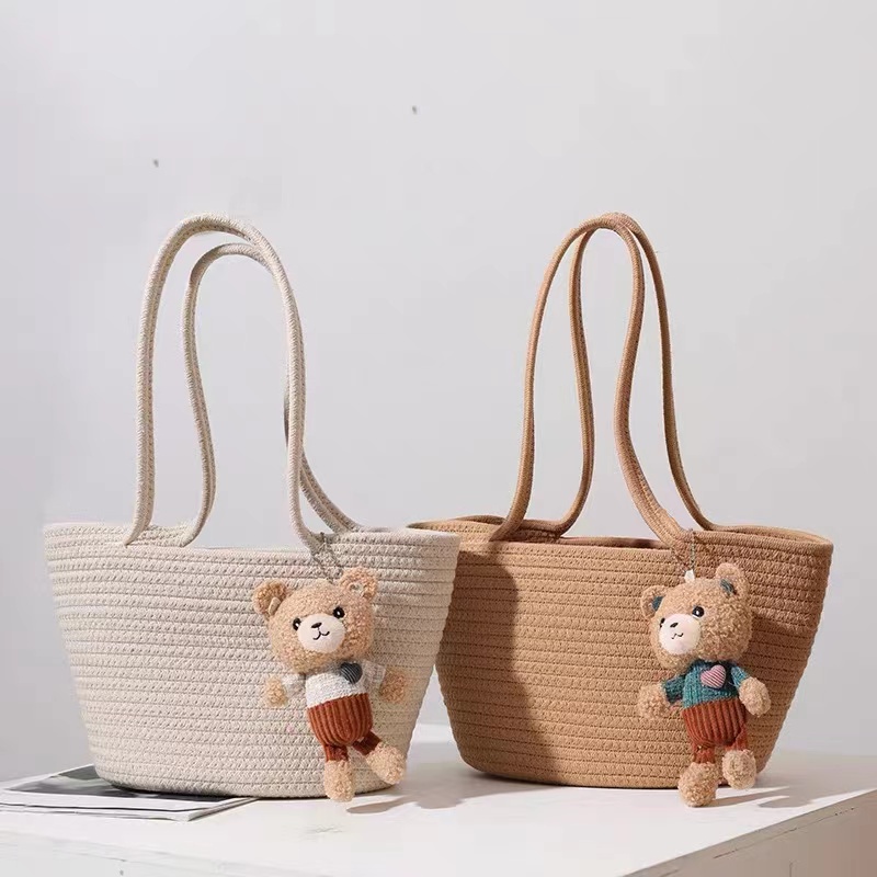 [Giảm giá nóng] Túi đeo vai cotton giản dị dễ thương mới với túi xách búp bê gấu đi nghỉ bên bờ biển