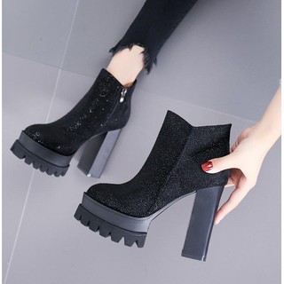 Giày bốt da lộn gót vuông thời trang cho nữ 12cm lấp lánh