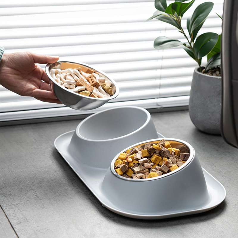 Bát Đựng Thức Ăn Nước Uống Hai Ngăn Bằng Thép Không Gỉ Chống Trượt Cho Chó Mèo