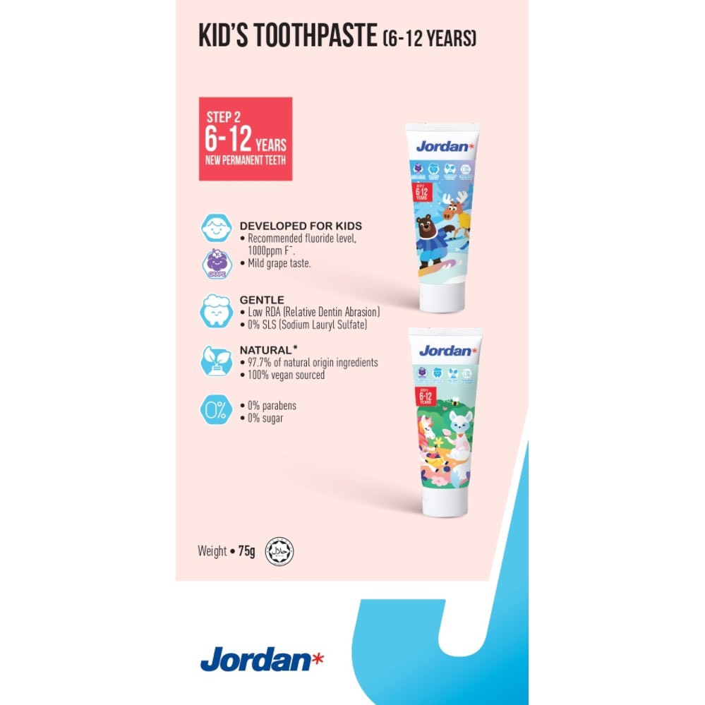 [Combo 3 tuýp] Kem đánh răng cho trẻ em 5-12 tuổi vị dâu Jordan Step 1, 75g/tuýp