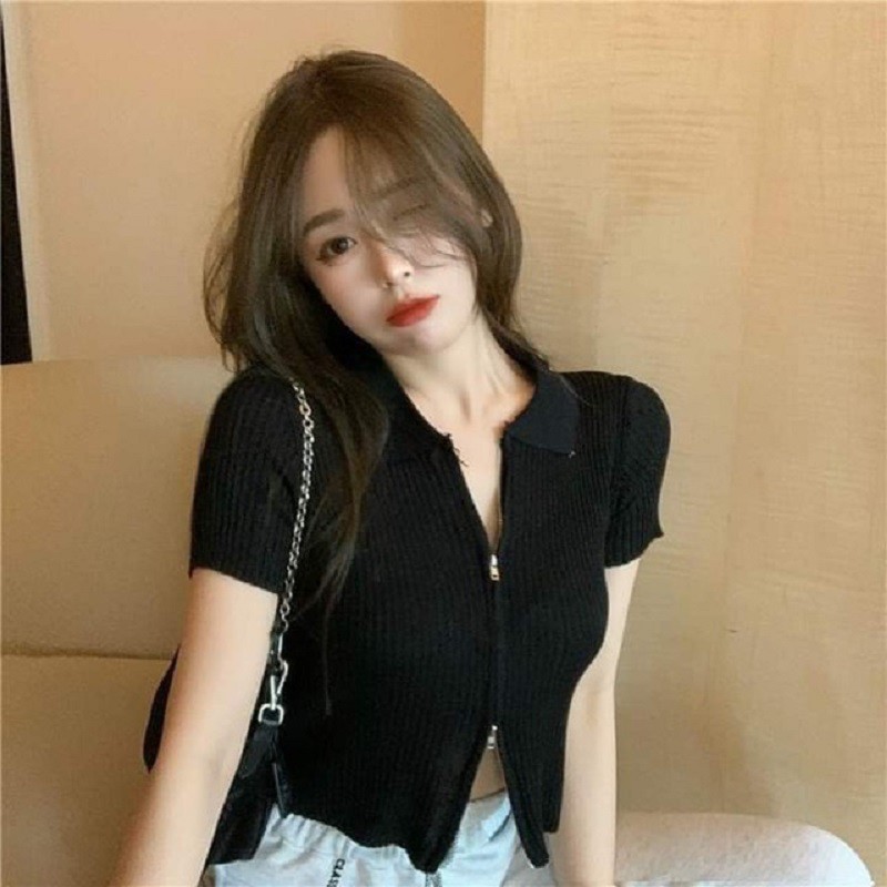 Áo polo nữ croptop ôm body khóa Ulzzang 2 màu trắng đen chất thun gân - VIETSTAR