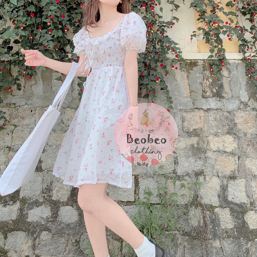 Đầm hoa bi nổi cổ u nhúng chỉ tay phồng 3 màu vintage