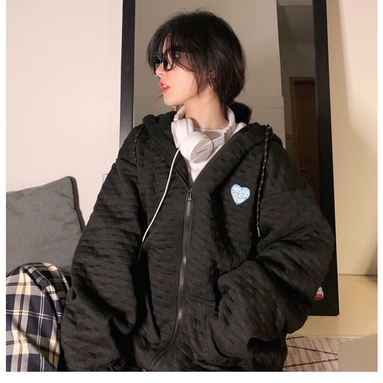 Áo khoác hoodie  form rộng chất vải đan vuông thêu trái tim siêu đẹp