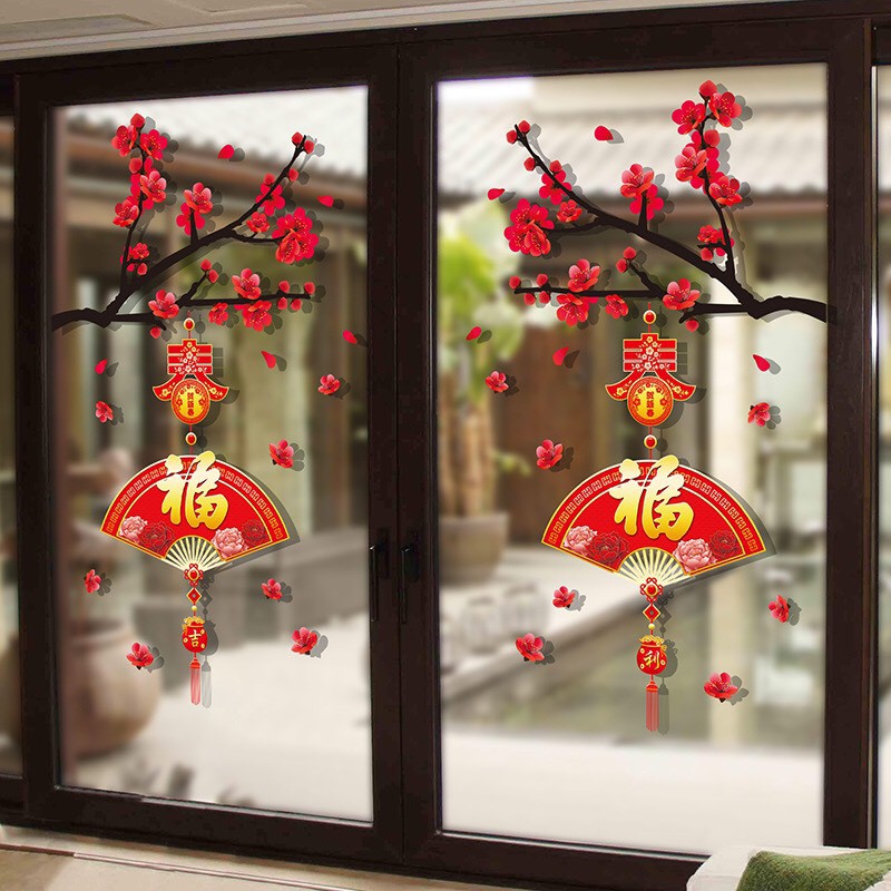 Decal Dán Tường Tết - 2 cành Mai đỏ quạt xòe mẫu mới