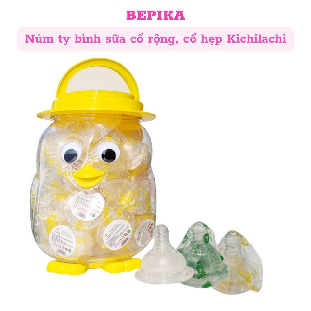 Núm ty bình sữa cổ rộng, cổ hẹp Kichilachi silicone siêu mềm mô phỏng đầu ty mẹ