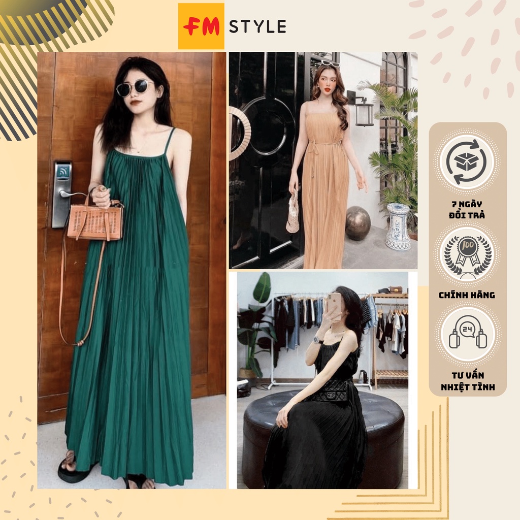 Váy nữ suông dáng dài cổ yếm thắt dây fmstyle, Váy yếm nữ suông tăm phong cách Hàn Quốc | Fmstyle Sh