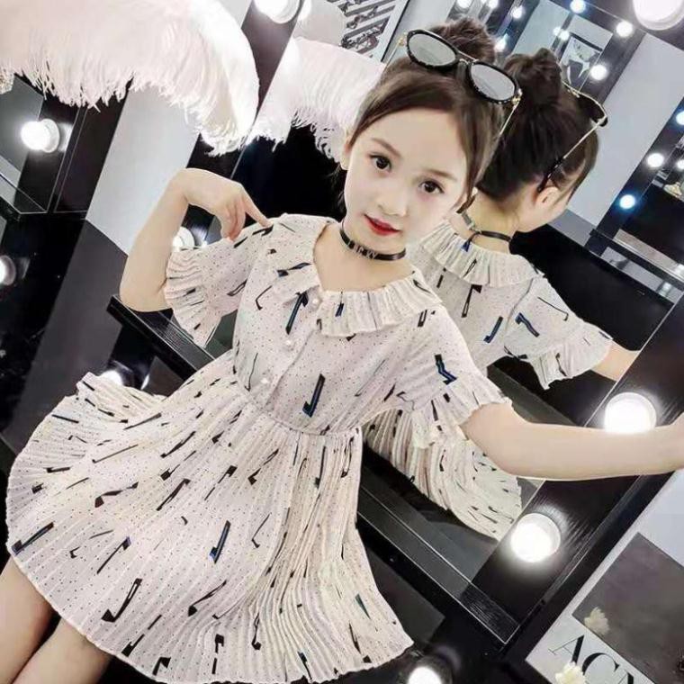 Siêu Hot 2021 Đầm bé gái cổ bèo tay lỡ chấm bi nhỏ hoạ tiết độc đáo