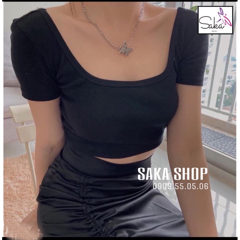 Áo thun nữ croptop tay ngắn buộc dây lưng 2 màu trắng đen