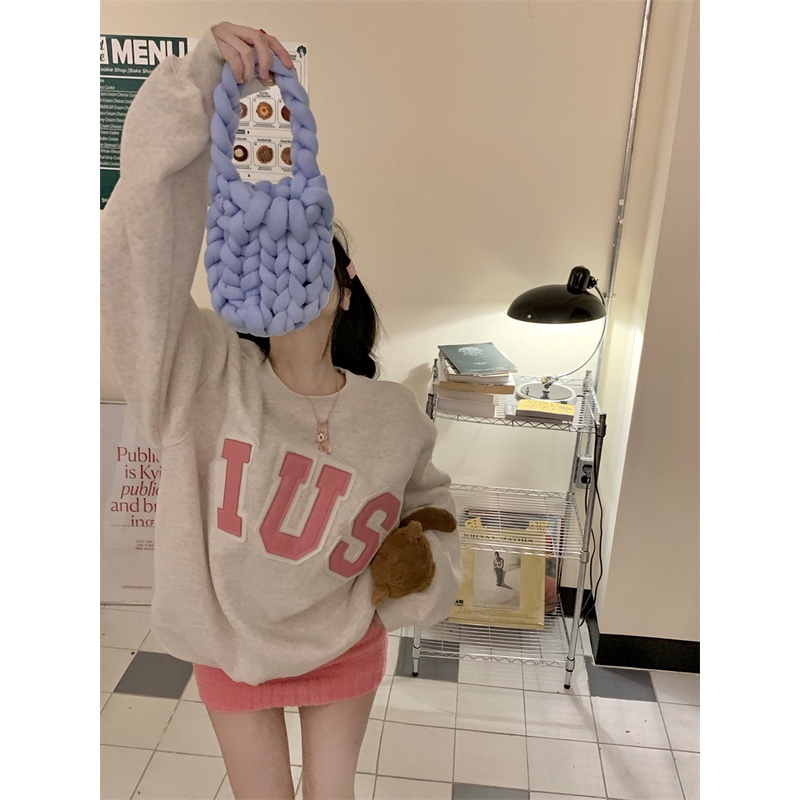 Áo len tay dài cổ tròn màu xám phong cách ngọt ngào đáng yêu thời trang Hàn Quốc dành cho nữ