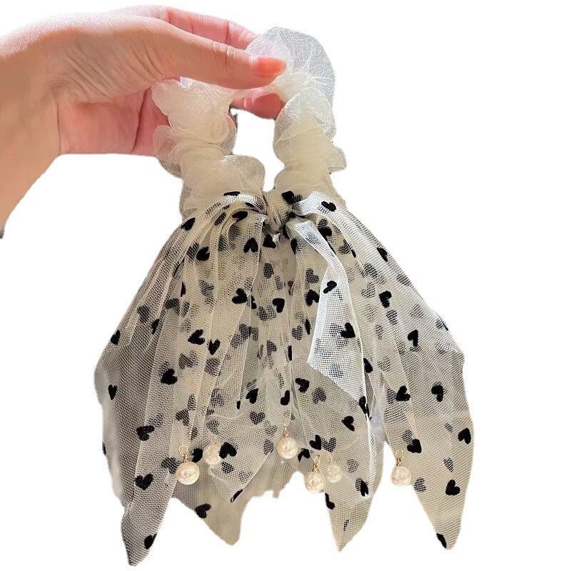 Dây Cột Tóc Ren Đính Ngọc Trai Hình Trái Tim Phong Cách vintage Hàn Quốc