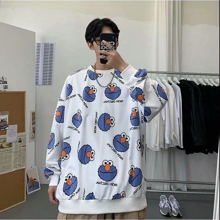 Áo Hoodie Nam Large Size Long-sleeved Sweater Boys Korean Loose Round Neck Thin Hip-hop Cartoon Print Tops | BigBuy360 - bigbuy360.vn