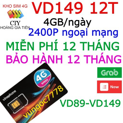 [ SIM ĐỦ 12T] SIM 4G VINA VD149 KM 4GB/NGÀY VD89 ĐỈNH KM 2GB/NGÀY GỌI MIỄN PHÍ 12THÁNG