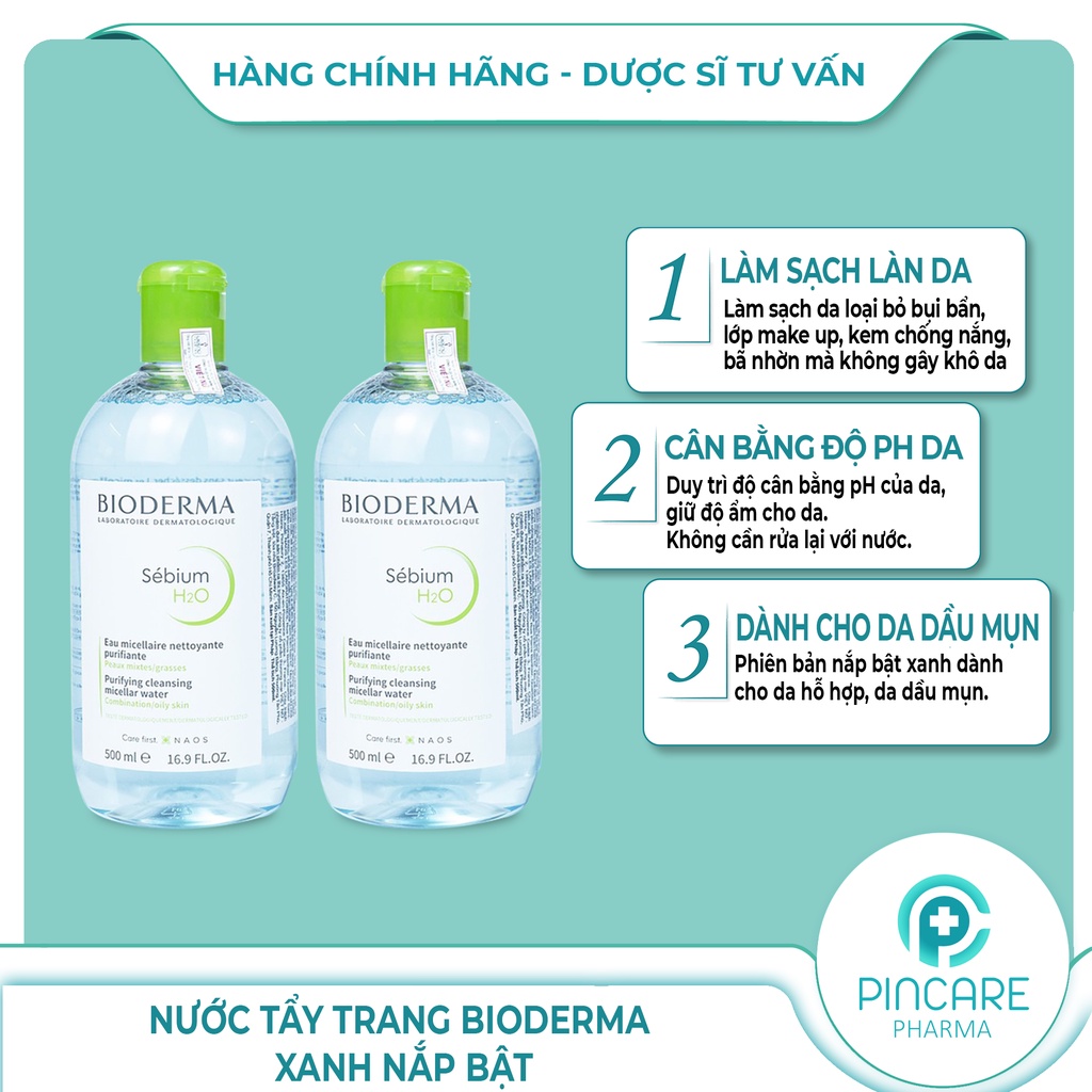 Nước tẩy trang Bioderma 500ml hồng &amp; xanh nắp bật - Có bill chính hãng - Nhà thuốc PinCare