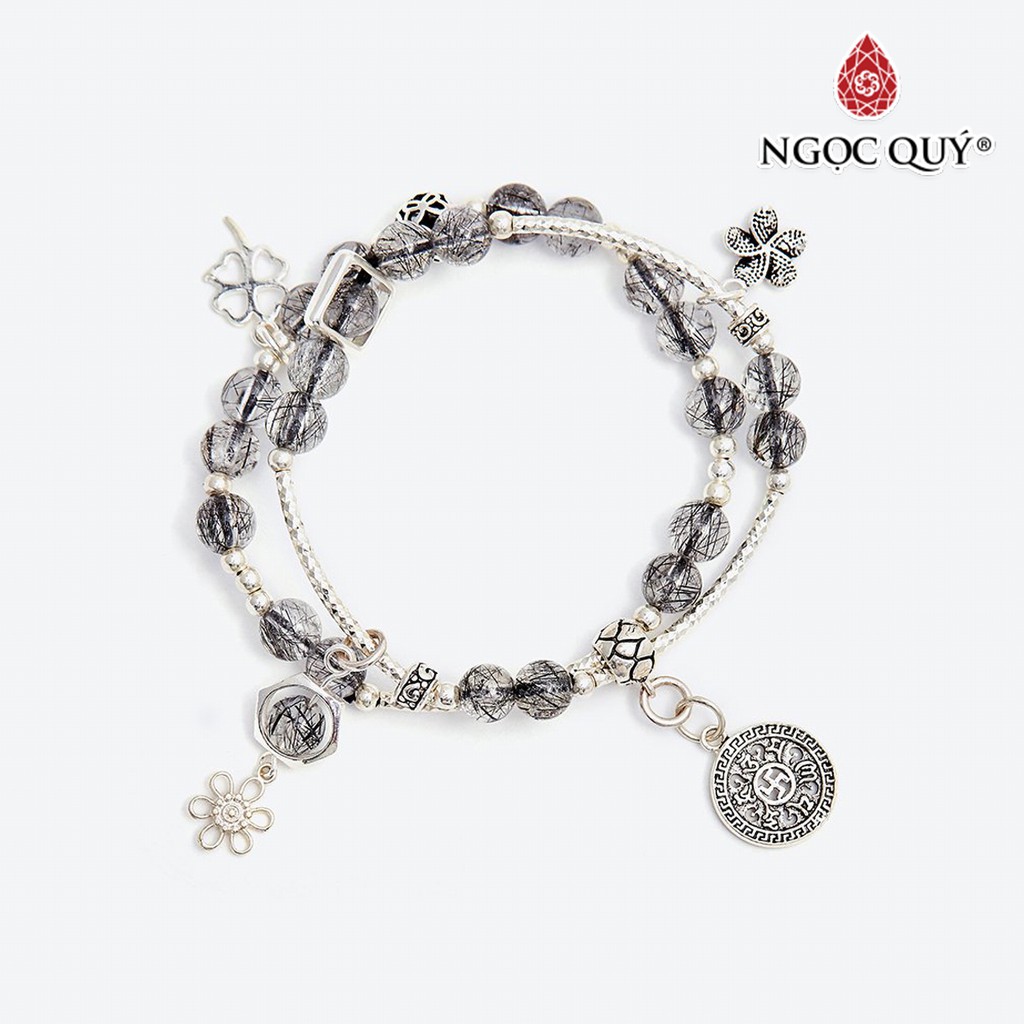 Vòng tay đôi TA tóc đen phối charm bạc hạt 6mm - Ngọc Quý