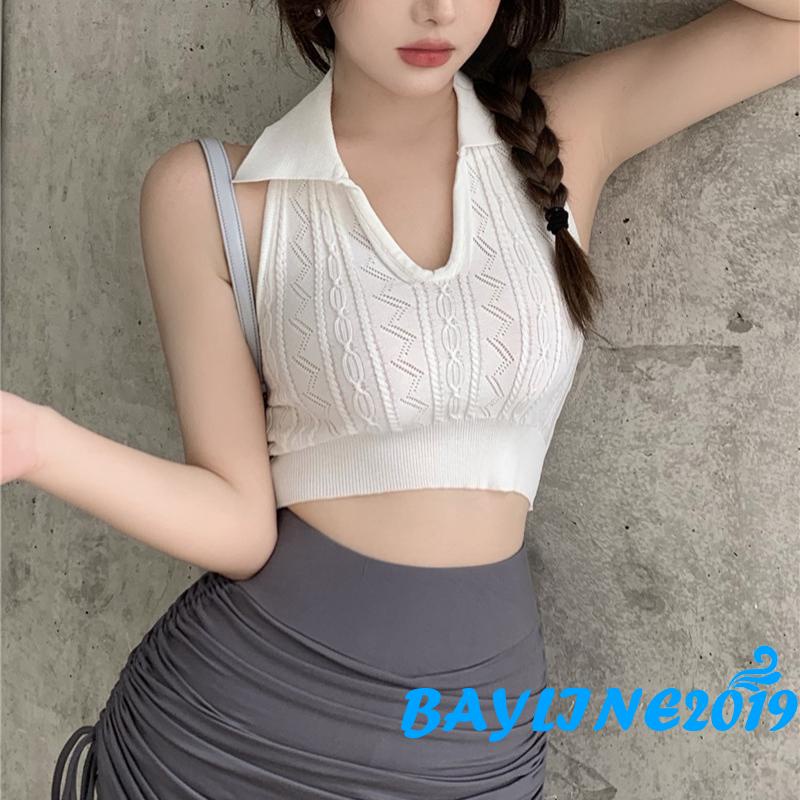 Áo sát nách dệt kim hở rốn cổ chữ V màu trơn gợi cảm thời trang dành cho nữ