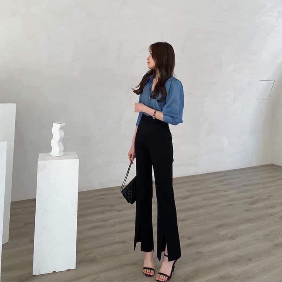 Quần Loe Dài Đen Xẻ Tà Basic Công Sở Nữ
