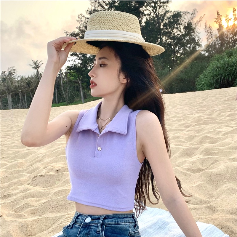 NUZIRO Áo lửng  cổ polo không tay thời trang mùa hè dành cho nữ