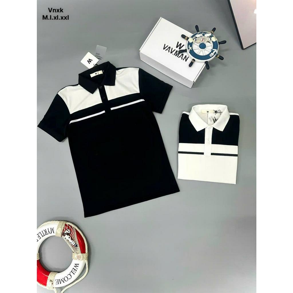 Áo thun nam ngắn tay POLO phối trắng đen đơn giản vải cotton giãn bốn chiều