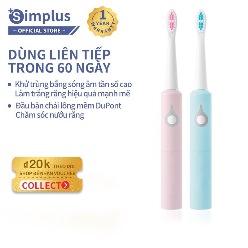 Bàn chải điện Simplus Sonic lông DuPont công nghệ sóng âm rung dành cho người lớn, chải sạch trắng răng, bảo vệ nướu