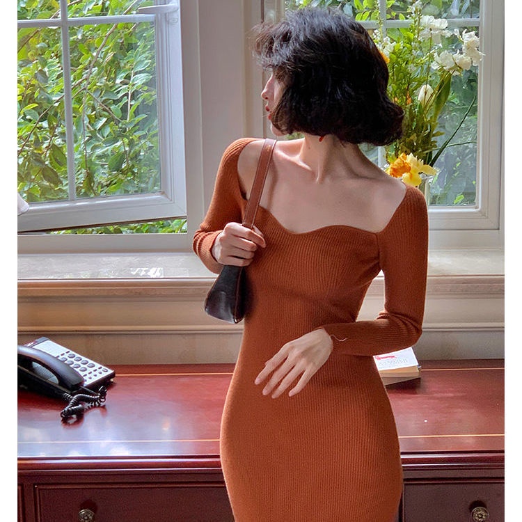 Đầm Dệt Kim Cổ Vuông Nhấn Eo Phong Cách Retro Pháp Thời Trang Mùa Thu Cho Nữ